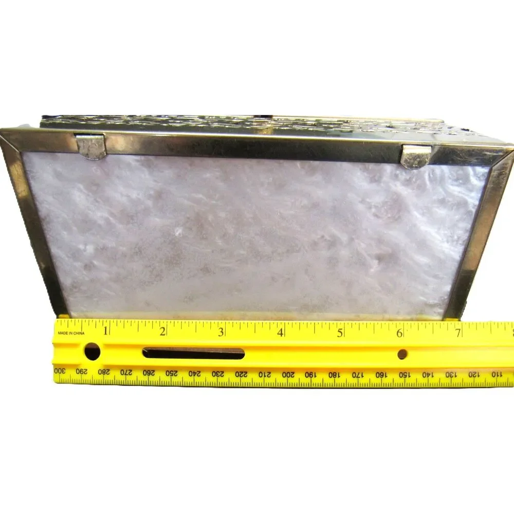 Lucite pearl purse box brass filigree trim with Mirror handbag 1950 mid century